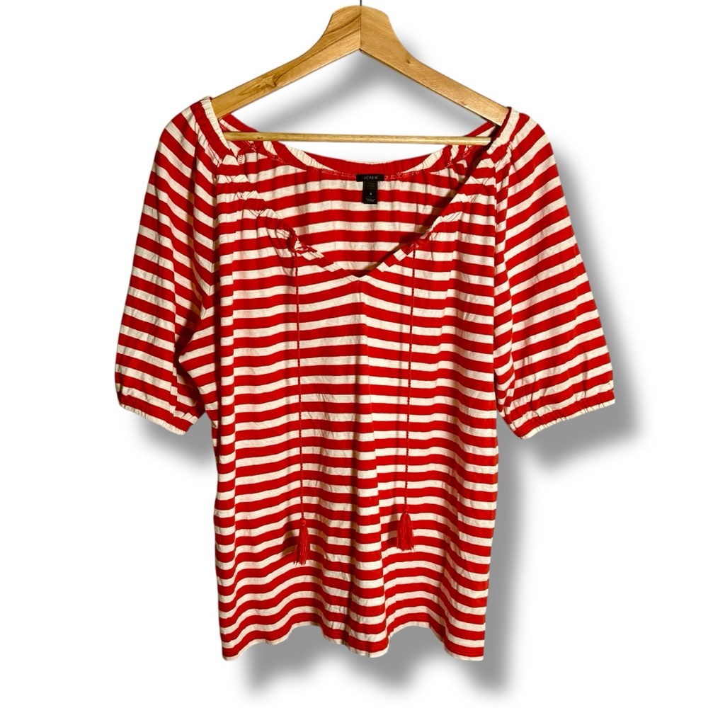 J. Crew Red/White Striped Linen Blend Peasant Top